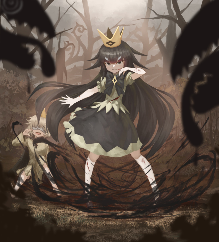 1boy, 1girl, bandages, bandages_over_eyes, black_hair, blind_prince, blindfold, blonde_hair, blood, blurry_foreground, bow, commentary_request, crown, dress, eyebrows_visible_through_hair, highres, liar_princess, long_hair, monster, outdoors, partial_commentary, scar, tom-neko_(zamudo_akiyuki), usotsuki_hime_to_moumoku_ouji, very_long_hair