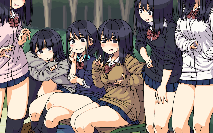 6+girls, arm_rest, bench, black_eyes, black_hair, black_legwear, blush, cardigan