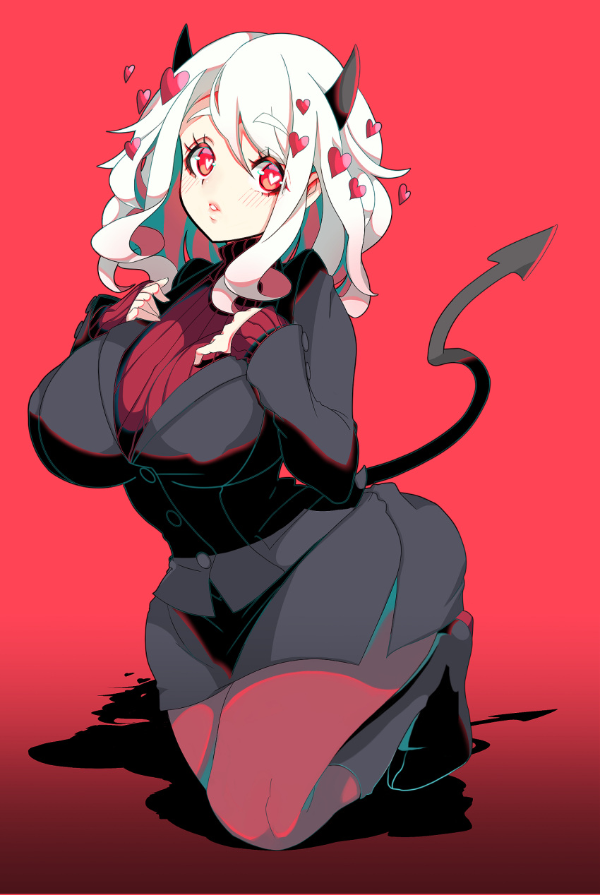 1girl, black_horns, black_jacket, black_suit, black_tail, blush, breasts, business_suit, closed_mouth, curly_hair, demon_girl, demon_horns, demon_tail, formal, full_body, geb3d1liqqoqlxn, heart, heart-shaped_pupils, helltaker, highres, horns, huge_breasts, jacket, kneeling, large_breasts, looking_at_viewer, medium_hair, modeus_(helltaker), red_background, red_eyes, red_legwear, red_sweater, ribbed_shirt, shirt, short_hair, simple_background, solo, suit, sweater, symbol-shaped_pupils, tail, tail_raised, turtleneck, white_hair