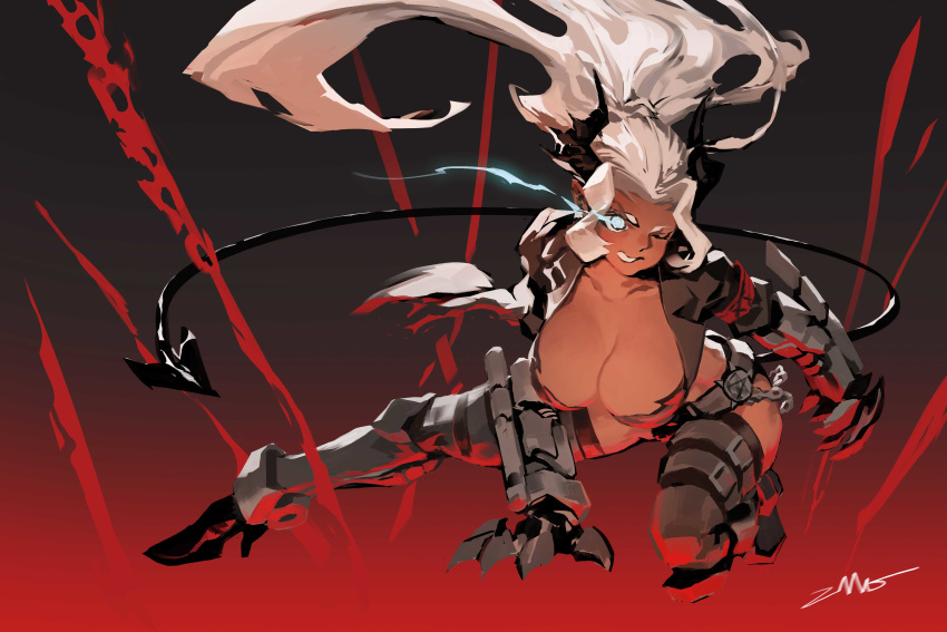 1girl, absurdres, breasts, dark_skin, demon_girl, demon_tail, gauntlets, greaves