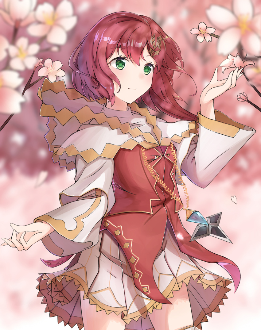 1girl, absurdres, cherry_blossoms, flower, green_eyes, highres, jewelry, locket, n2_(yf33), pendant, petals, pink_theme, redhead, sdorica_-sunset-, short_hair, solo, tica