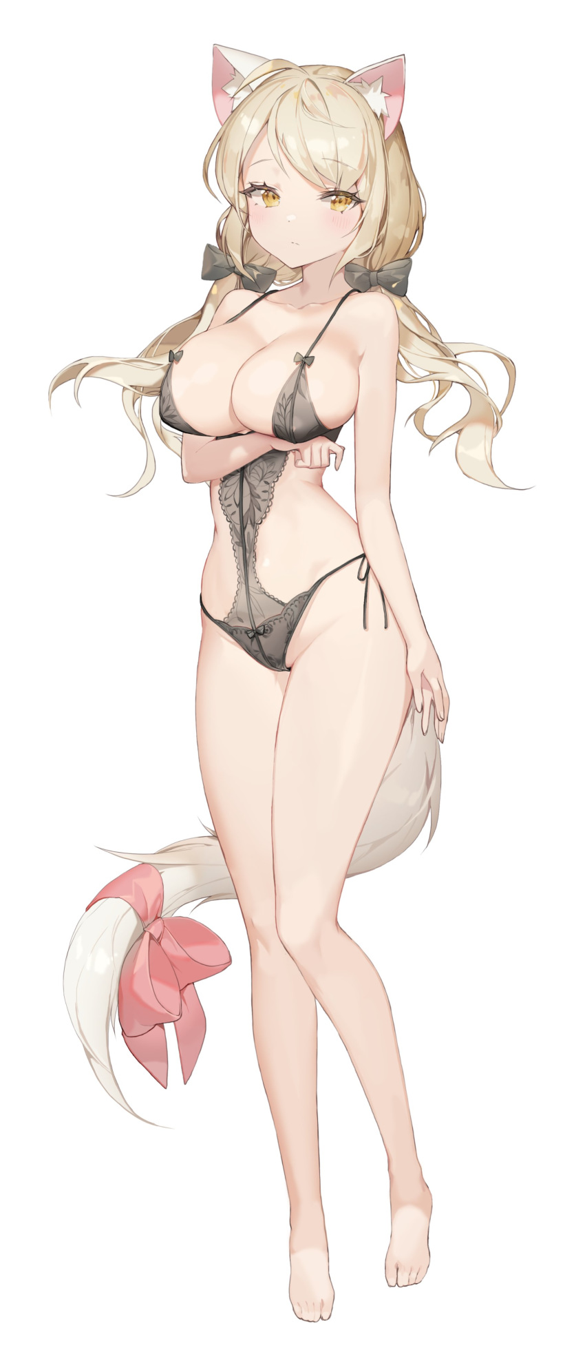 1girl, absurdres, animal_ears, blonde_hair, bow, breasts, chyo, fox_ears