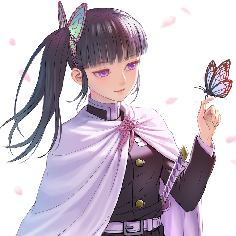 1girl, bangs, black_hair, black_jacket, blunt_bangs, butterfly_hair_ornament, butterfly_on_finger, cape