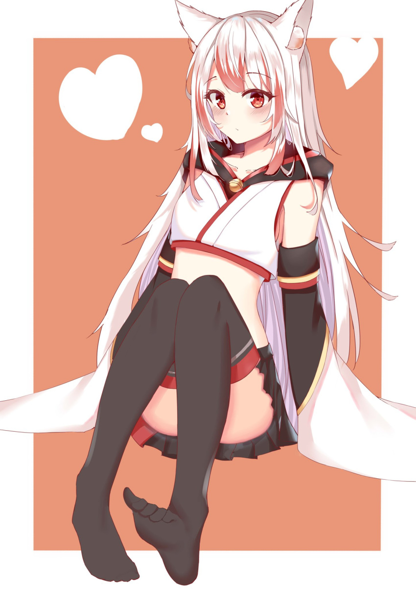 1girl, animal_ears, ass, bare_shoulders, bell, black_legwear, black_skirt, closed_mouth, collarbone, convenient_leg, crop_top, detached_sleeves, feet, fox_ears, fox_girl, heart, highres, hood, hood_down, japanese_clothes, jingle_bell, knees_up, kohaku_ch., long_hair, long_sleeves, looking_at_viewer, midriff, miniskirt, multicolored_hair, no_shoes, no_tail, pleated_skirt, red_eyes, shirt, silver_hair, sitting, skirt, solo, streaked_hair, syusetu_kohaku, thigh-highs, two-tone_hair, virtual_youtuber, white_shirt, wide_sleeves, xiao_lin_jiu