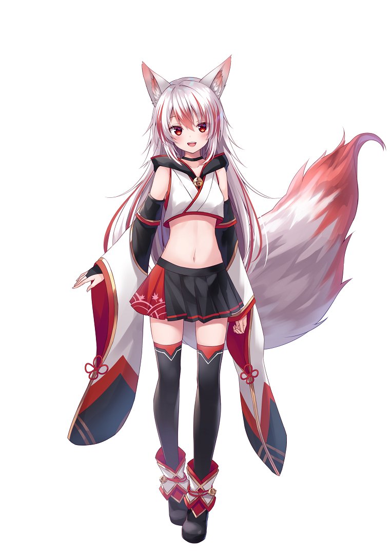 1girl, animal_ears, bare_shoulders, bell, black_choker, black_footwear, black_legwear, black_skirt, bridal_gauntlets, choker, crop_top, crop_top_overhang, detached_sleeves, fox_ears, fox_girl, fox_tail, full_body, gold_trim, hood, hood_down, japanese_clothes, jingle_bell, kohaku_ch., kure~pu, large_tail, long_hair, long_sleeves, looking_at_viewer, midriff, miniskirt, multicolored_hair, navel, official_art, open_mouth, pleated_skirt, red_eyes, shirt, shoes, silver_hair, simple_background, skirt, smile, solo, standing, stomach, streaked_hair, syusetu_kohaku, tail, thigh-highs, two-tone_hair, virtual_youtuber, white_background, white_shirt, zettai_ryouiki