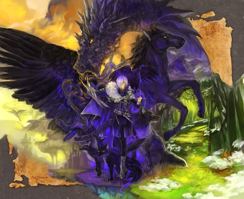 1boy, asymmetrical_clothes, belt, bird, commentary_request, dragon, fantasy, feathered_wings
