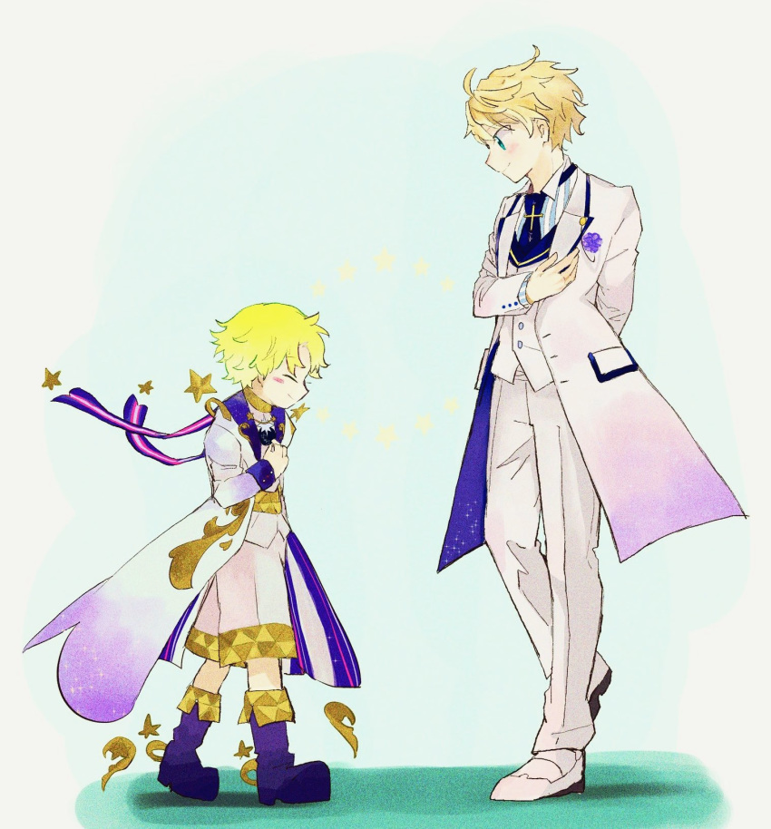 2boys, ahoge, alternate_costume, arthur_pendragon_(fate), baggy_clothes, bangs, blonde_hair, blush