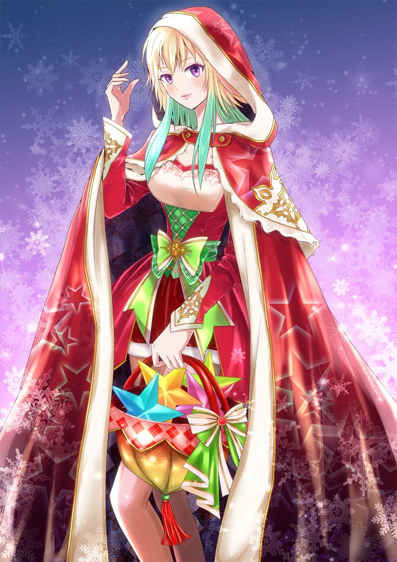 1girl, basket, blush, breasts, brown_hair, capelet, christmas, cloak
