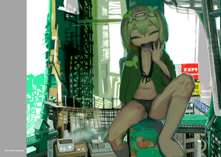 food, fruit, green_hair, japanese_clothes, kawa_yoo, kawaguchi_youhei, midriff, orange