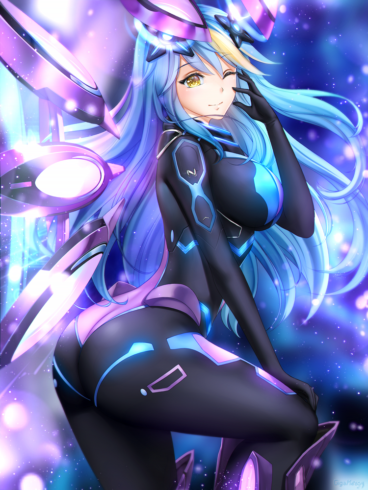 1girl, ahoge, ass, blue_hair, blush, bodysuit, breasts, cosplay
