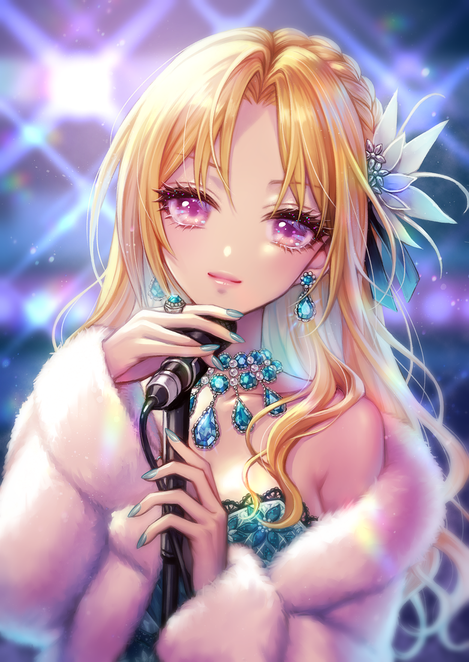 1girl, bangs, blonde_hair, blue_dress, blue_nails, braid, collarbone, commentary_request
