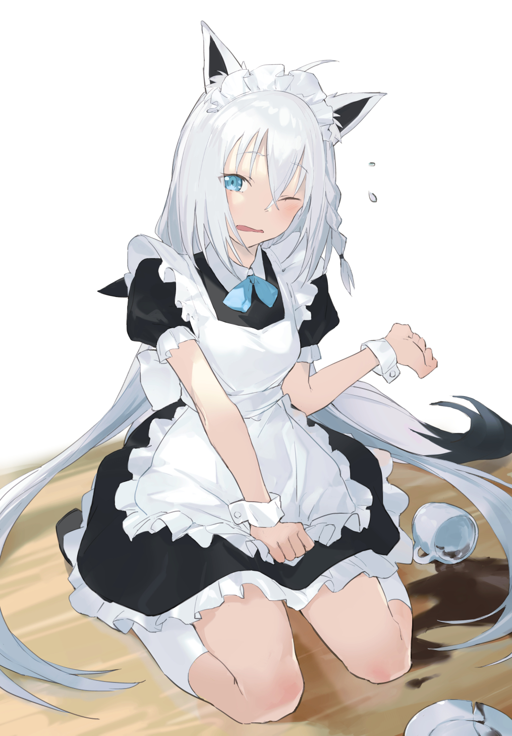 1girl, alternate_costume, animal_ear_fluff, animal_ears, apron, bangs, black_dress, black_footwear