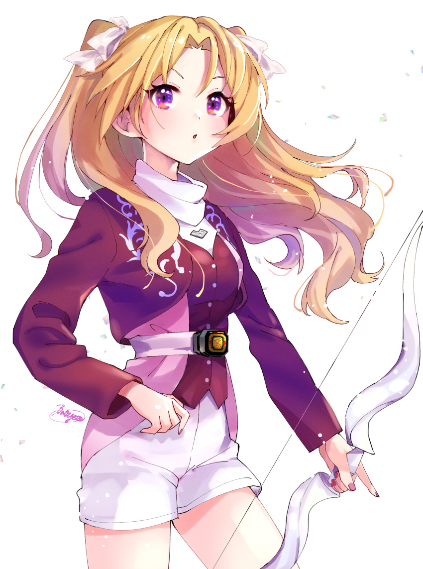 1girl, :o, blonde_hair, blush, bow_(weapon), commentary_request, cosplay, hair_ribbon, highres, idolmaster, idolmaster_cinderella_girls, kakitsubata_zero, kiryuu_tsukasa_(idolmaster), kyouryuu_sentai_zyuranger, long_hair, mei_(zyuranger), mei_(zyuranger)_(cosplay), purple_shirt, ribbon, shirt, shorts, solo, super_sentai, two_side_up, violet_eyes, weapon, white_background, white_ribbon, white_shorts