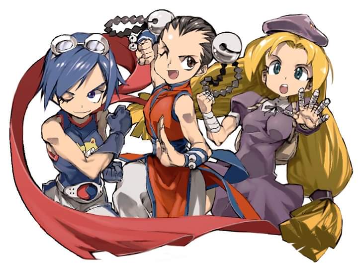 3girls, bandages, bell, beret, black_hair, blonde_hair, blue_hair, fang