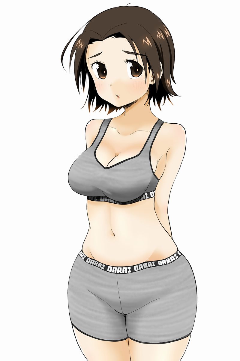 1girl, arms_behind_back, bangs, bike_shorts, blush, breasts, brown_eyes, brown_hair