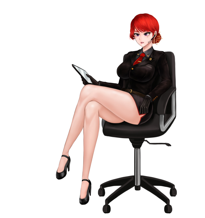 1girl, 82jhin, absurdres, belt, black_gloves, black_skirt, c-77_hongryeon, chair