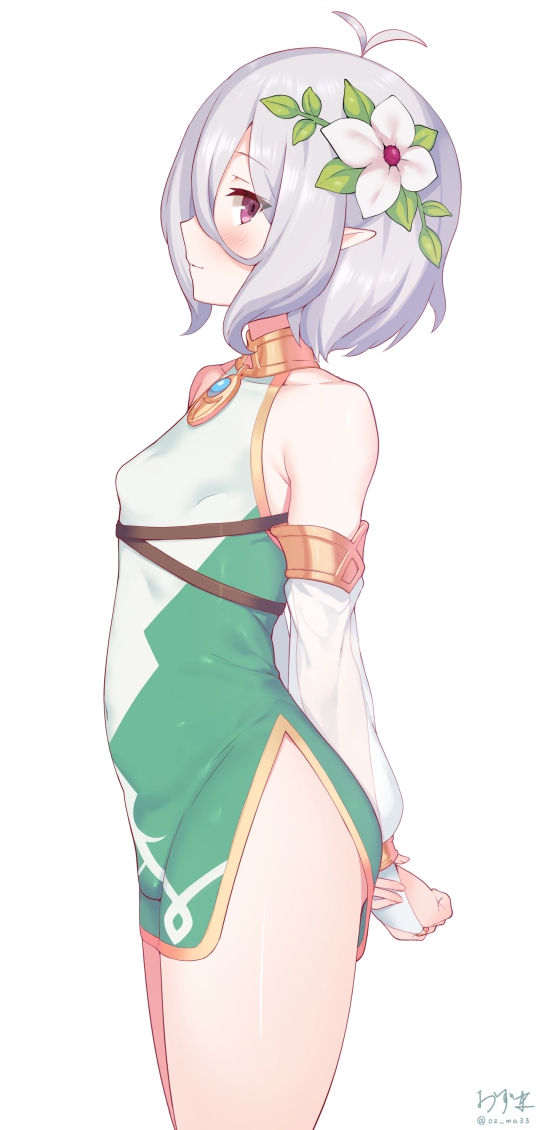 1girl, antenna_hair, arms_behind_back, bad_id, bad_twitter_id, bare_shoulders, blush, breasts, bridal_gauntlets, closed_mouth, cowboy_shot, elf, flower, from_side, grey_hair, hair_flower, hair_ornament, holding_own_wrist, kokkoro_(princess_connect!), looking_at_viewer, looking_to_the_side, oz_ma33, pink_eyes, pointy_ears, princess_connect!, profile, short_hair, sideways_glance, simple_background, small_breasts, smile, solo, white_background