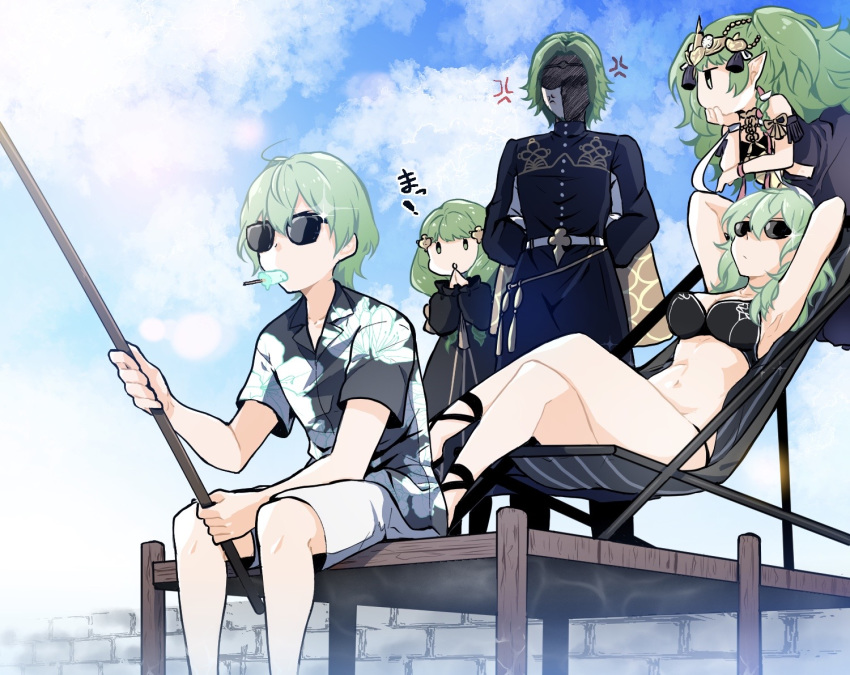 2boys, 3girls, alternate_costume, anger_vein, arms_up, bikini, black_bikini, blue_sky