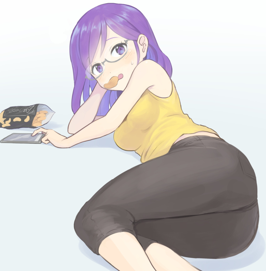 1girl, ass, bag, black_pants, blush, breasts, cellphone, chips