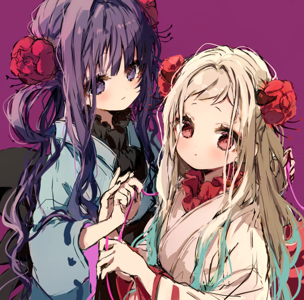 2girls, :o, akane_aoi, bangs, blue_hair, blue_kimono, blush, closed_mouth