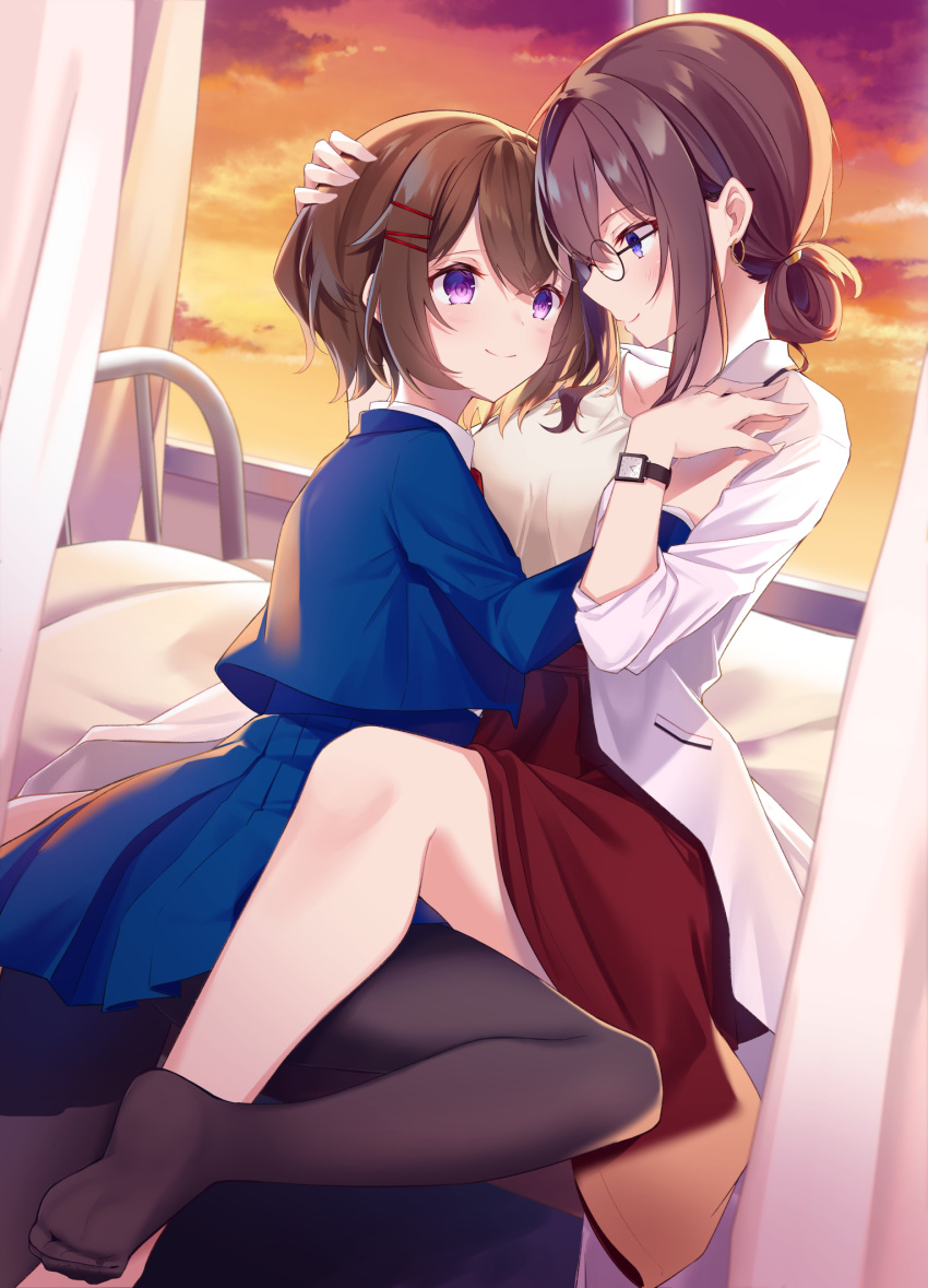 2girls, age_difference, bangs, bed, black-framed_eyewear, black_legwear, blazer, blue_jacket