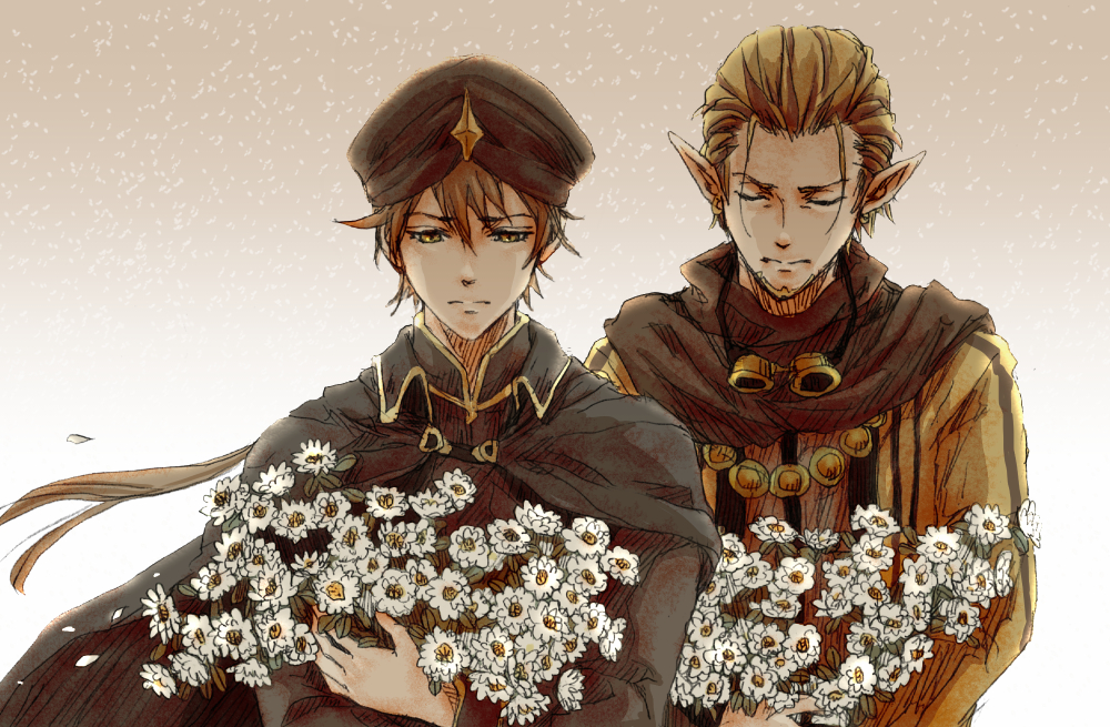 2boys, beard, black_cape, black_headwear, brown_eyes, brown_hair, cape, closed_eyes, facial_hair, facing_viewer, flower, hair_between_eyes, holding, holding_flower, looking_at_viewer, male_focus, master_of_the_deep_sea_nova, multiple_boys, oedo_(mekyox), pixiv_fantasia, pixiv_fantasia_age_of_starlight, pointy_ears, simple_background, trade_king_farid, upper_body