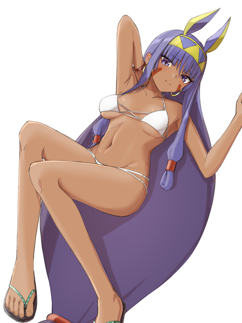 1girl, animal_ears, arm_behind_head, arm_up, bangs, bare_shoulders, bikini, blush