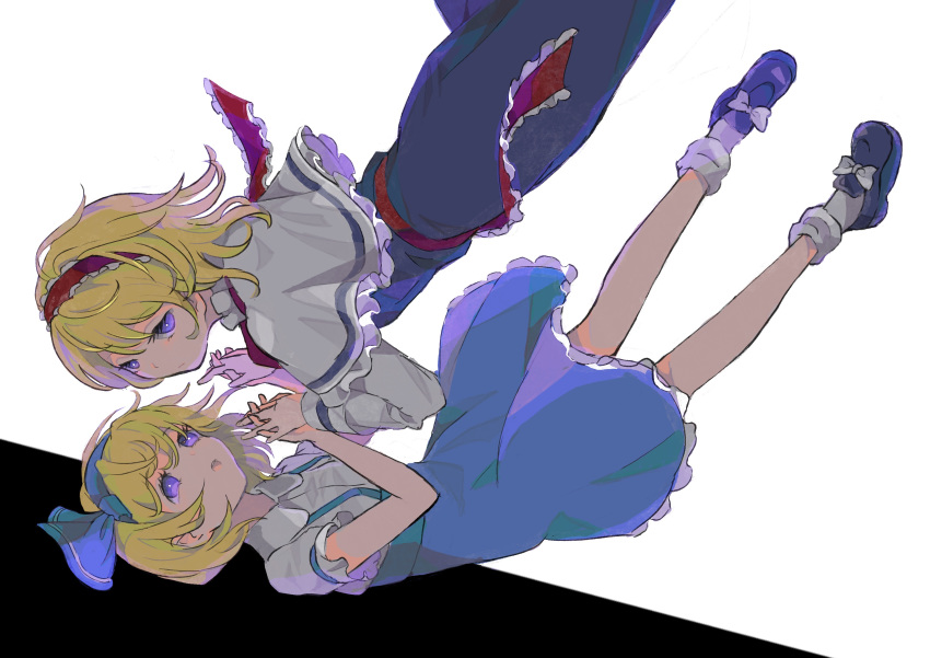 2girls, absurdres, alice_margatroid, alice_margatroid_(pc-98), blonde_hair, blue_footwear, blue_hairband, blue_skirt, bow, capelet, falling, full_body, hair_bow, hairband, highres, interlocked_fingers, lolita_hairband, long_sleeves, looking_at_viewer, looking_back, multiple_girls, multiple_persona, open_mouth, red_hairband, sakamoto_(pompa), sash, shirt, short_hair, short_sleeves, skirt, suspenders, touhou, two-tone_background, violet_eyes, white_shirt