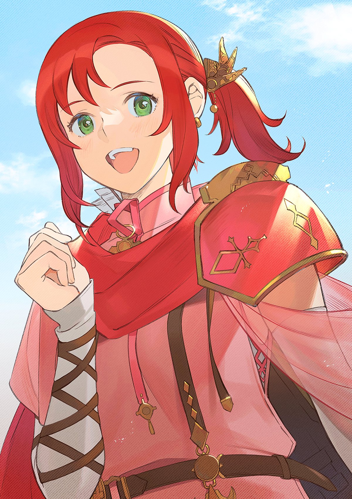 1girl, arrow_(projectile), belt, blue_sky, clouds, day, earrings, fire_emblem, fire_emblem:_mystery_of_the_emblem, green_eyes, hair_ornament, highres, jewelry, kyufe, long_sleeves, norne_(fire_emblem), open_mouth, red_scarf, redhead, scarf, sky, solo, upper_body