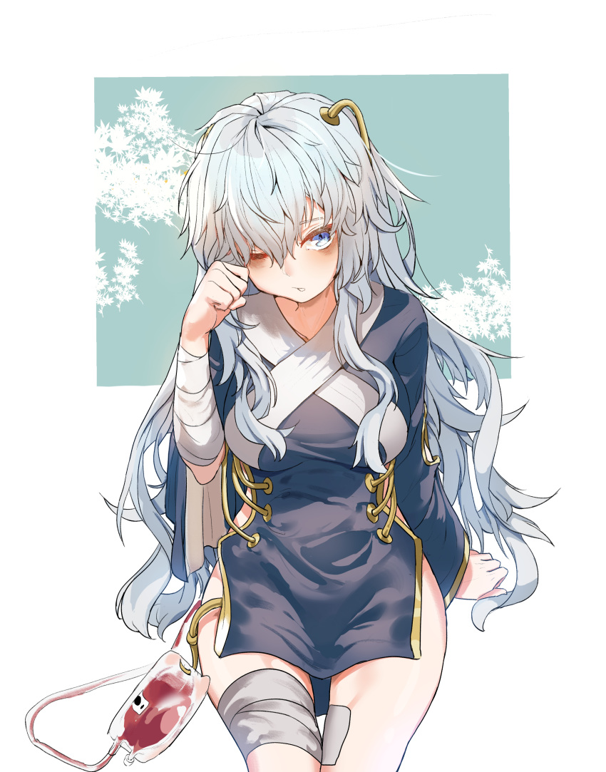 1girl, 1nfb, absurdres, bags_under_eyes, bandaged_arm, bandaged_leg, bandages, bangs