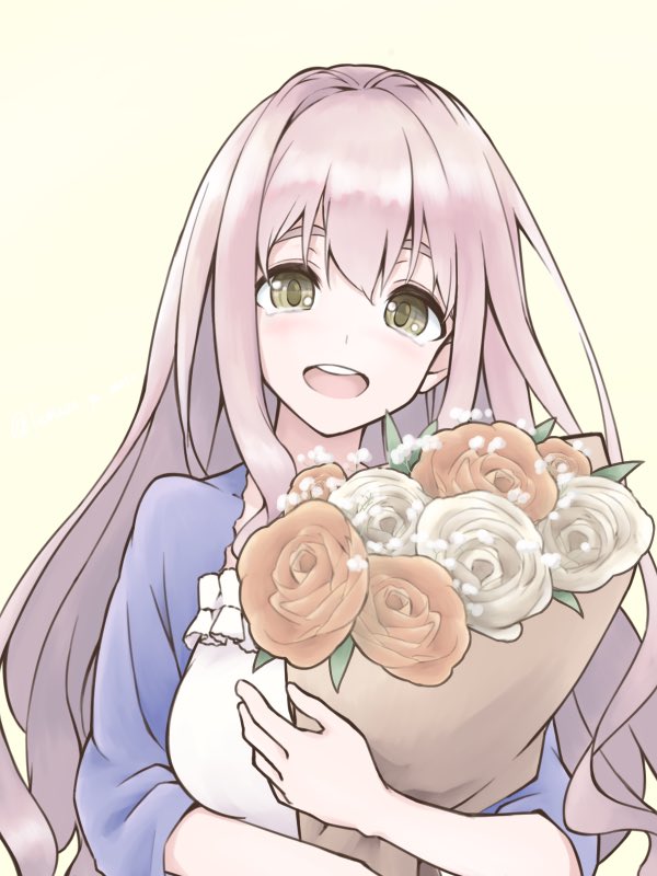 1girl, blush, bouquet, breasts, commentary_request, flower, green_eyes, hair_between_eyes, holding, holding_bouquet, idolmaster, idolmaster_cinderella_girls, long_hair, looking_at_viewer, open_mouth, pink_hair, round_teeth, saionji_kotoka, simple_background, smile, solo, tamasa_yamoto, tears, teeth, upper_body, white_background, yellow_background