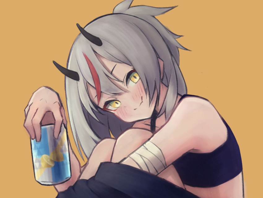1girl, bandages, beige_background, blush, can, closed_mouth, grey_hair, hair_between_eyes