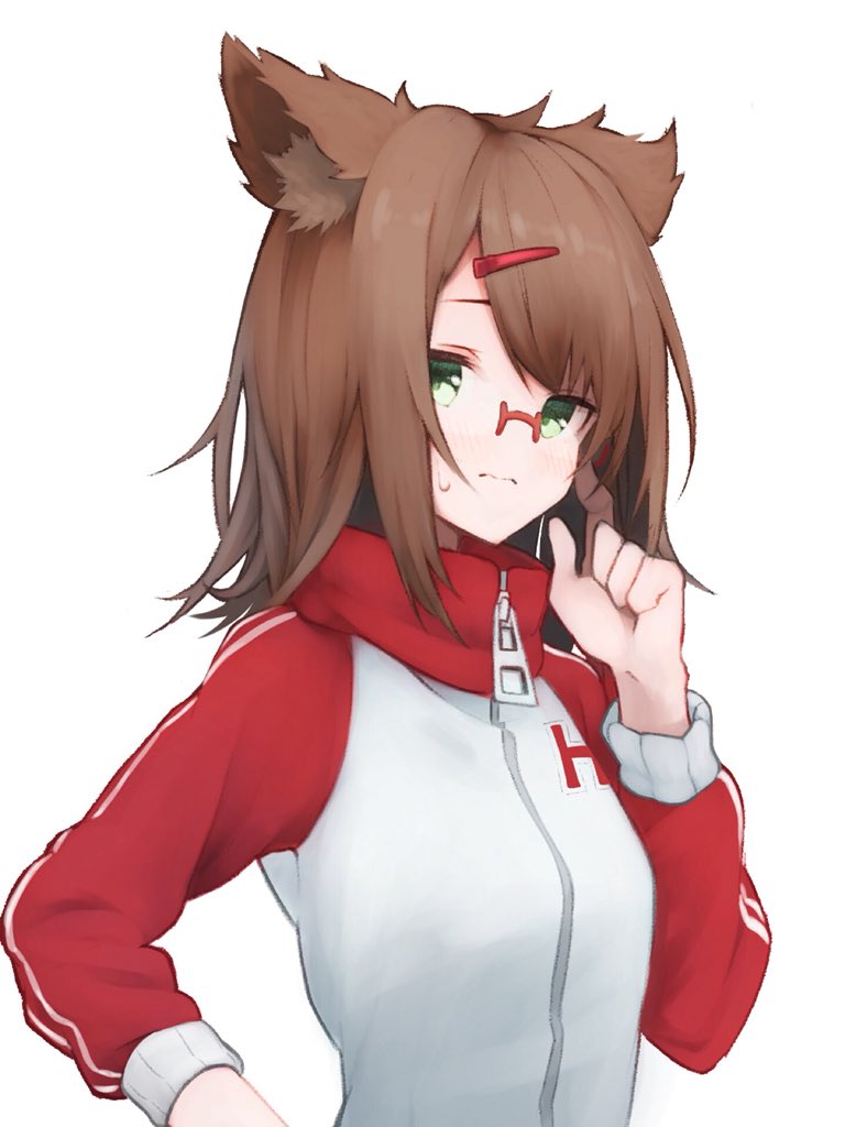 1girl, animal_ears, blush, breasts, brown_hair, closed_mouth, commentary_request, finger_to_cheek