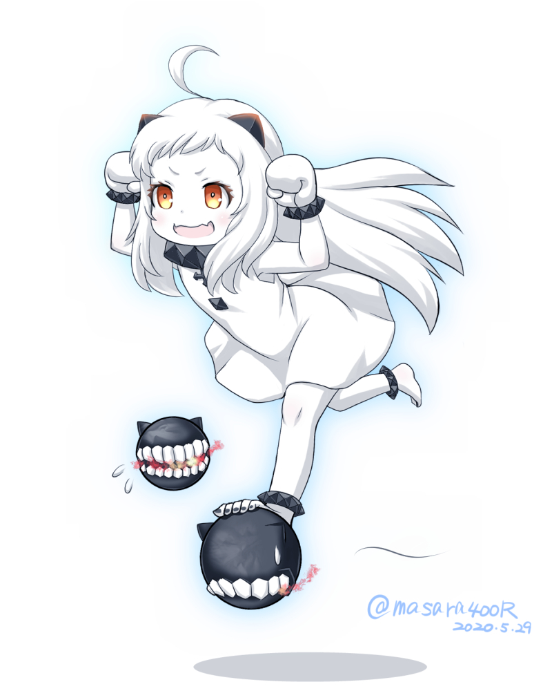 1girl, 2others, ahoge, barefoot, dated, dress, enemy_aircraft_(kantai_collection), fang