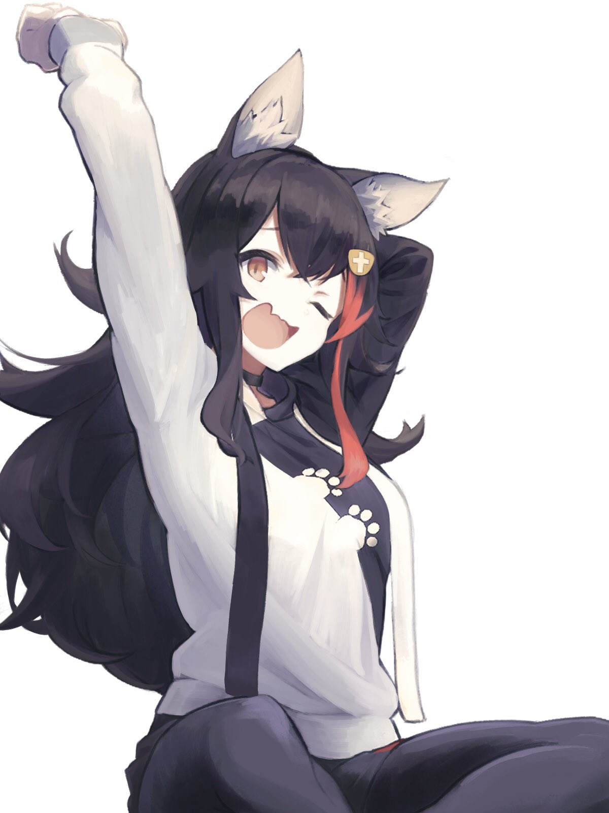 1girl, ;d, animal_ears, arm_up, bangs, black_hair, fang, hair_between_eyes