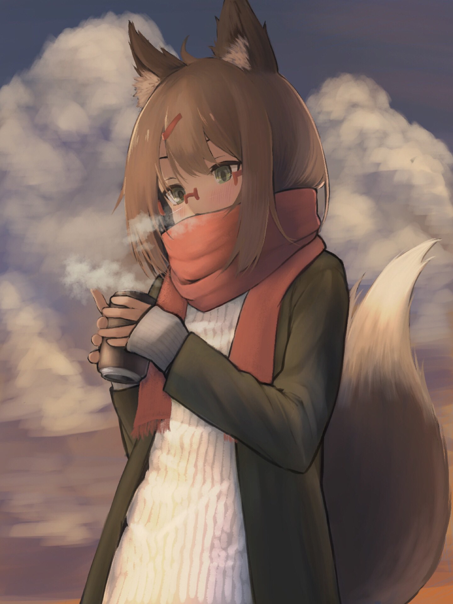 1girl, ahoge, animal_ears, arm_support, blue_skirt, blush, breasts, brown_hair
