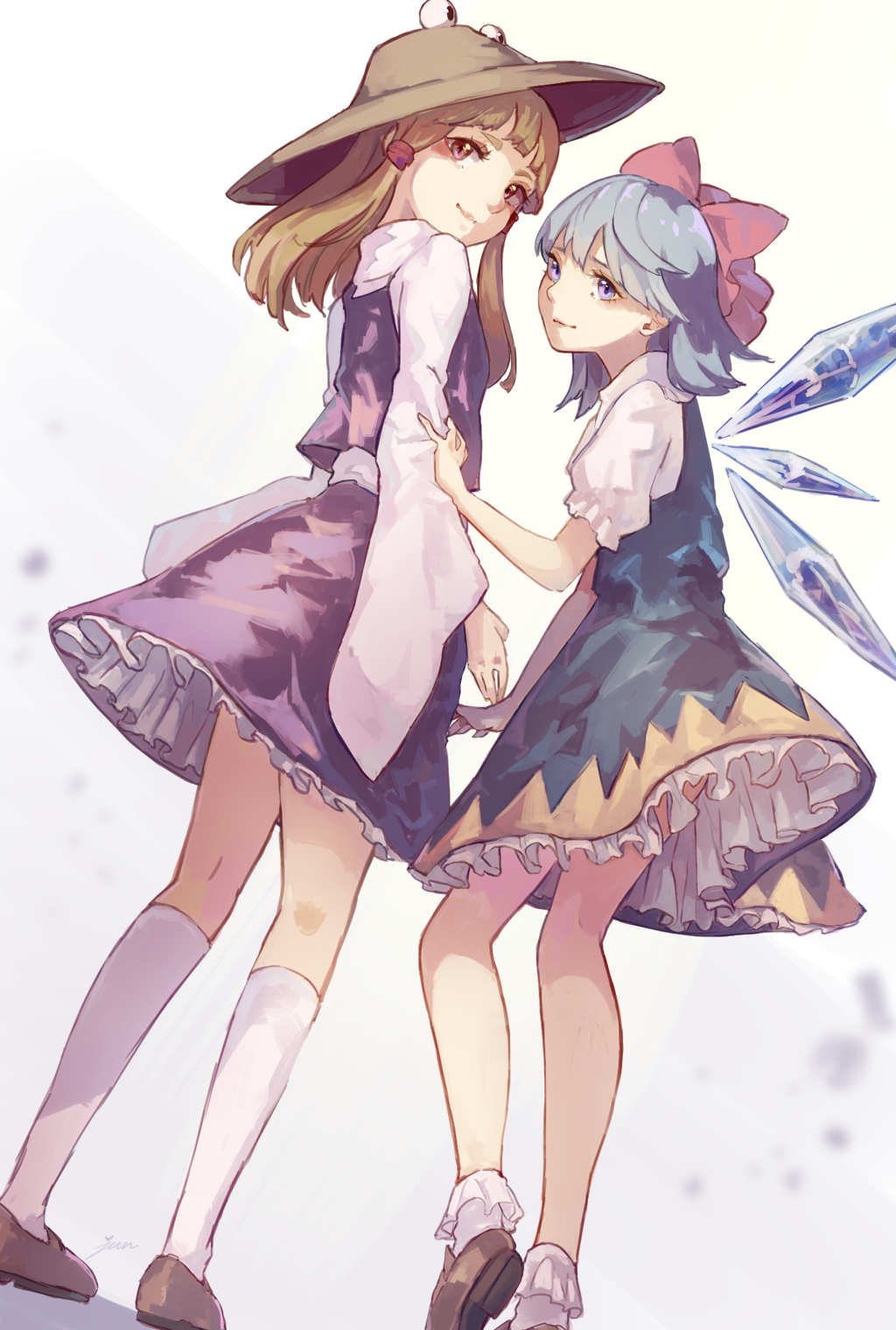 2girls, alternate_eye_color, blonde_hair, blue_dress, blue_eyes, blue_hair, bobby_socks, bow