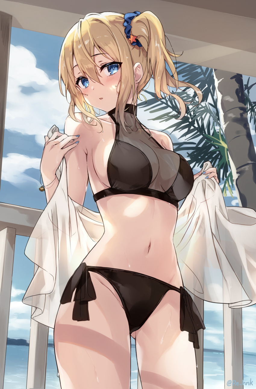 1girl, absurdres, ass_visible_through_thighs, bare_shoulders, bikini, black_bikini, blonde_hair, blue_eyes