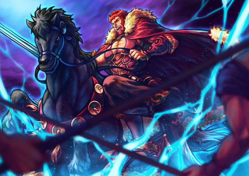 1boy, arm_armor, armor, bara, beard, black_hair, bucephalus, cape
