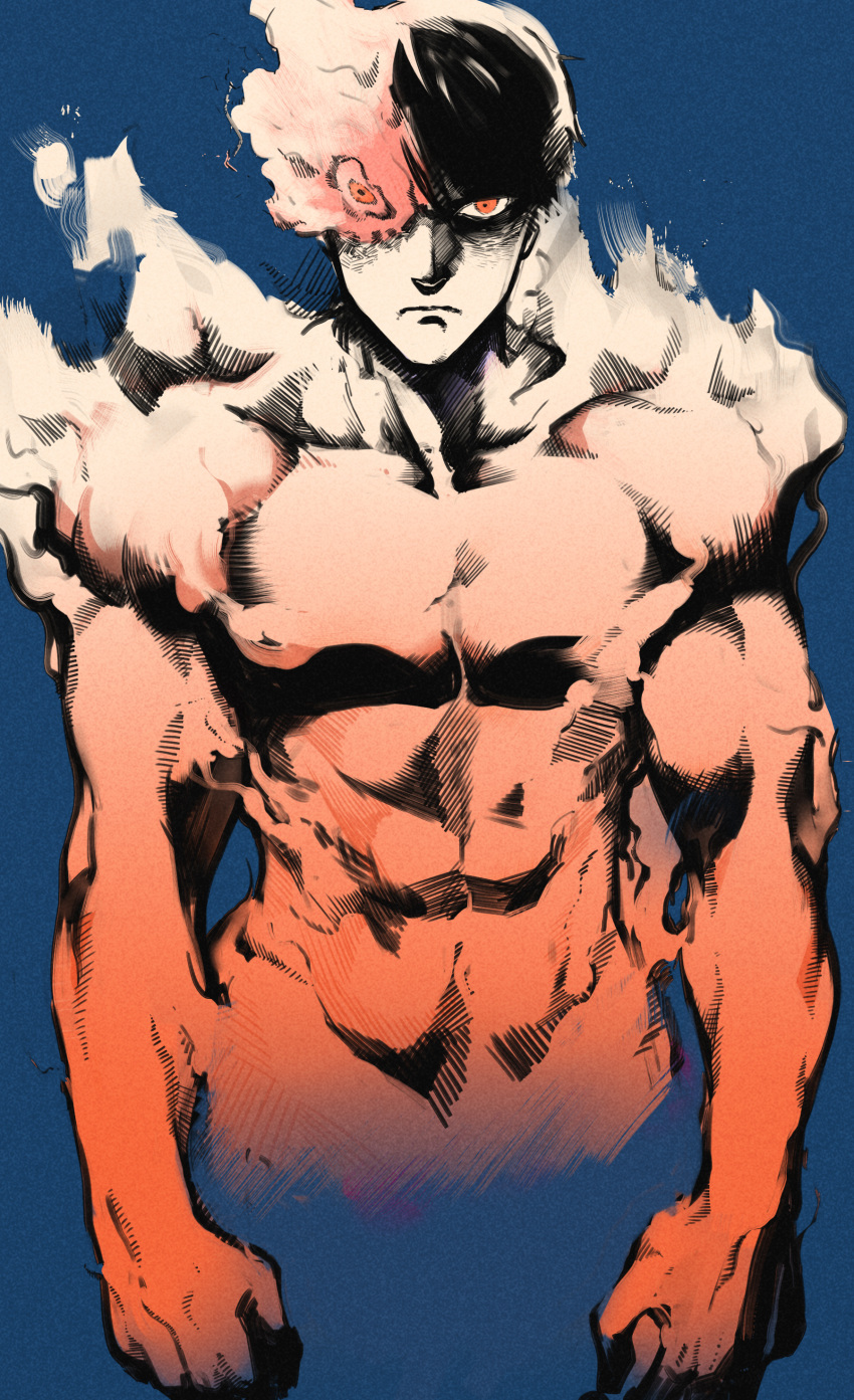 1boy, abs, absurdres, agni_(fire_punch), black_hair, blue_background, burning, clenched_hand