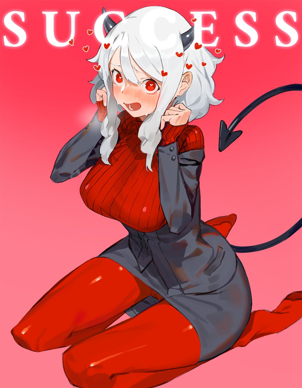 1girl, black_horns, black_suit, blush, breasts, demon_girl, demon_horns, demon_tail, glorious_success, heart, heart-shaped_pupils, helltaker, highres, horns, large_breasts, long_sleeves, looking_at_viewer, modeus_(helltaker), red_eyes, red_sweater, shirt, short_hair, sleeves_past_wrists, solo, sweater, symbol-shaped_pupils, tail, tommy830219, turtleneck, white_hair