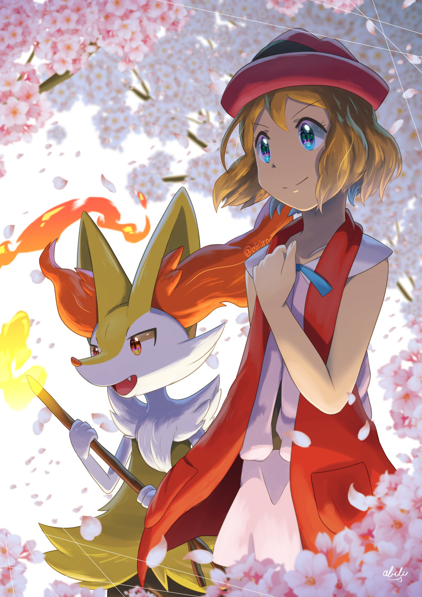 1girl, absurdres, artist_name, bangs, blue_eyes, blue_ribbon, braixen, brown_hair