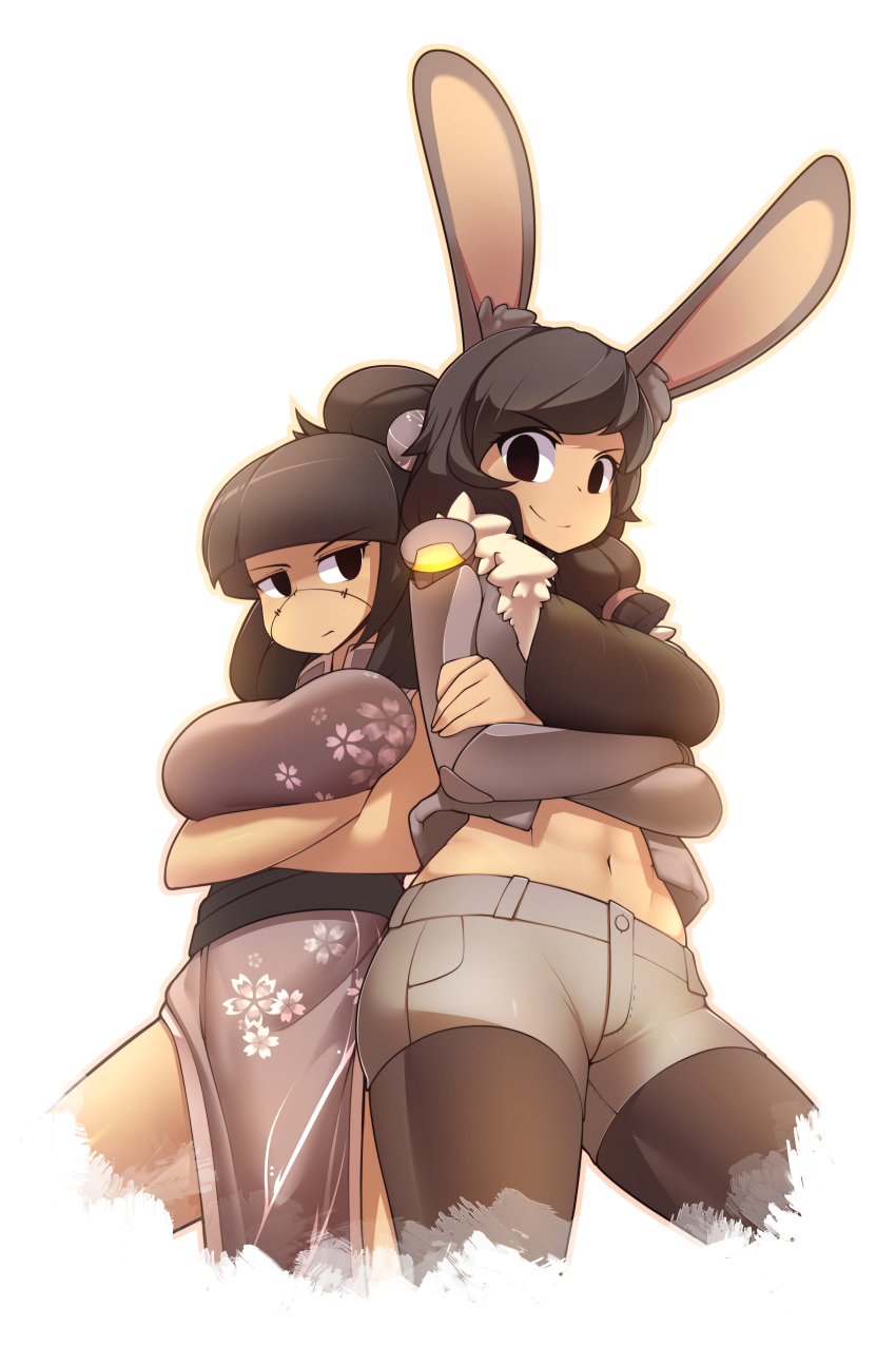 2girls, abs, absurdres, animal_ears, arms_under_breasts, bangs, black_eyes, black_hair