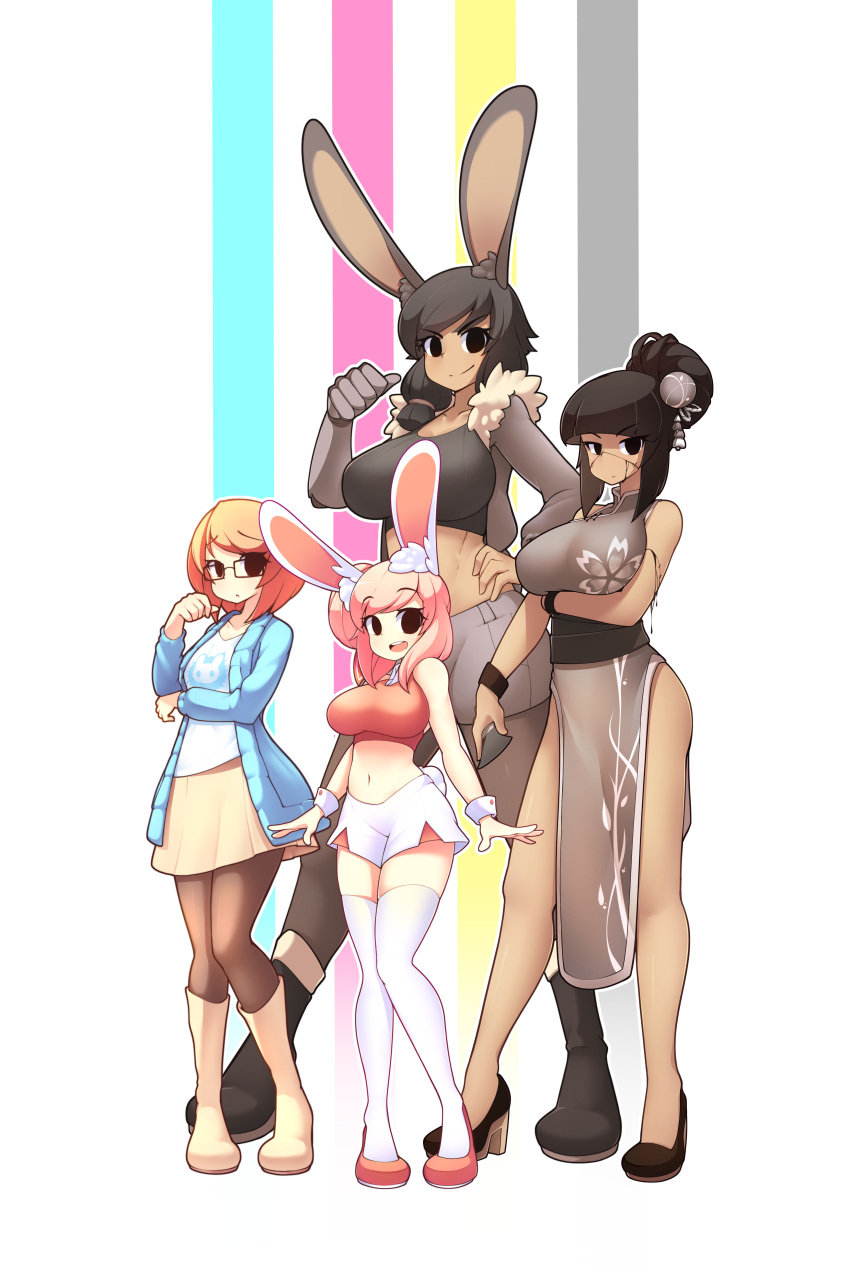 4girls, abs, absurdres, animal_ears, arm_under_breasts, bangs, black_eyes, black_footwear