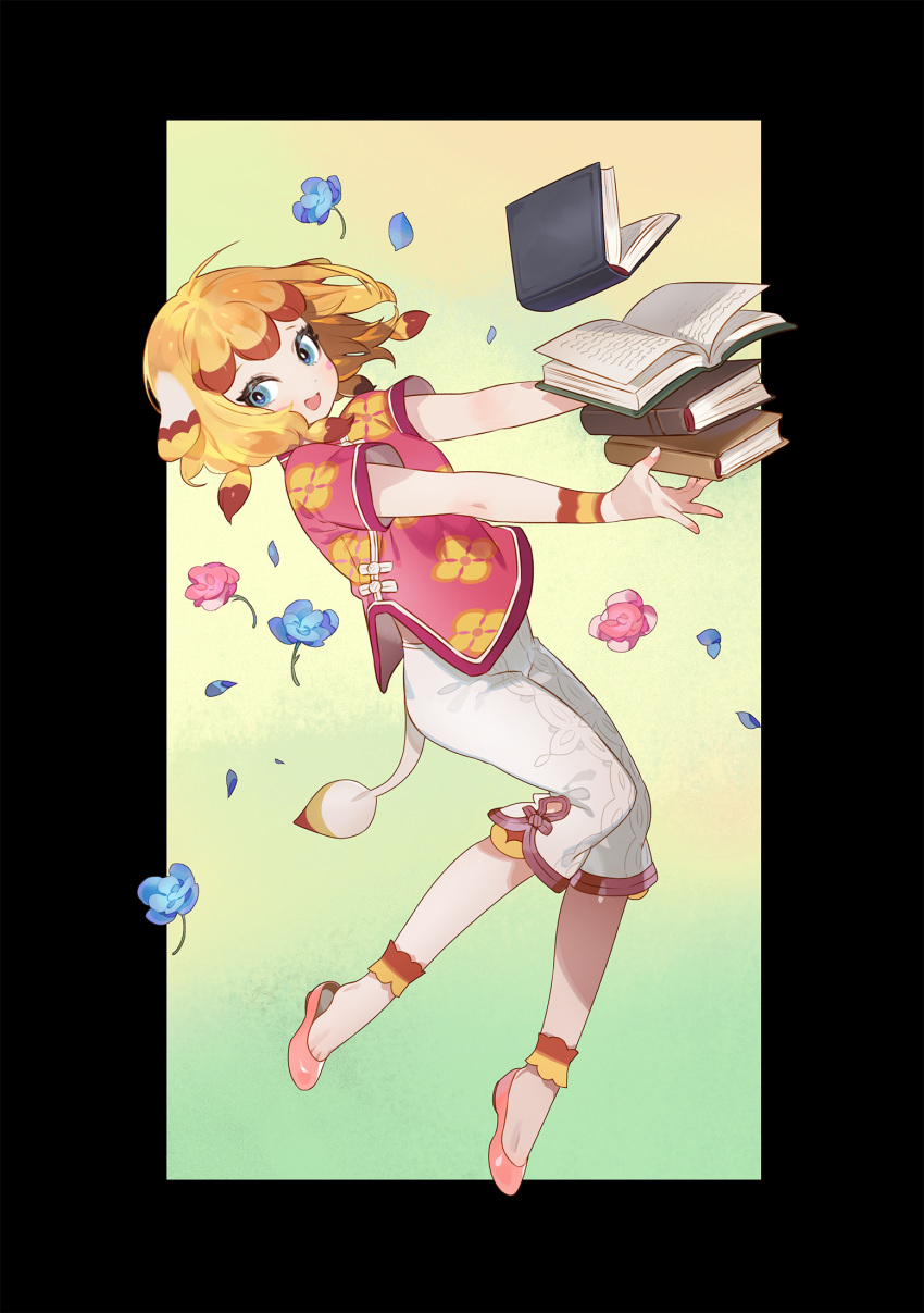 1girl, black_background, blonde_hair, blue_eyes, blush, book, brown_hair, chinese_clothes, doubutsu_no_mori, elephant_tail, flower, gwayo, highres, multicolored_hair, open_mouth, personification, petals, sally_(doubutsu_no_mori), solo, two-tone_hair