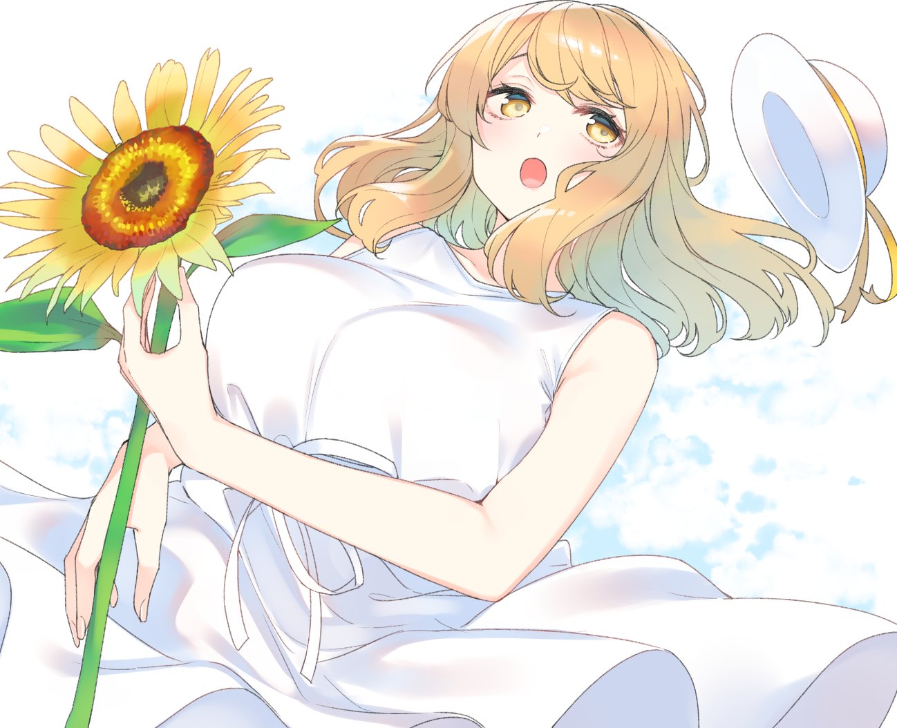 1girl, blonde_hair, blush, breasts, copyright_request, dress, fingernails, floating_hat, flower, hat, hat_ribbon, holding, holding_flower, huge_breasts, medium_hair, nekoume, open_mouth, ribbon, solo, sunflower, white_dress, white_headwear, white_ribbon, yellow_eyes, yellow_ribbon