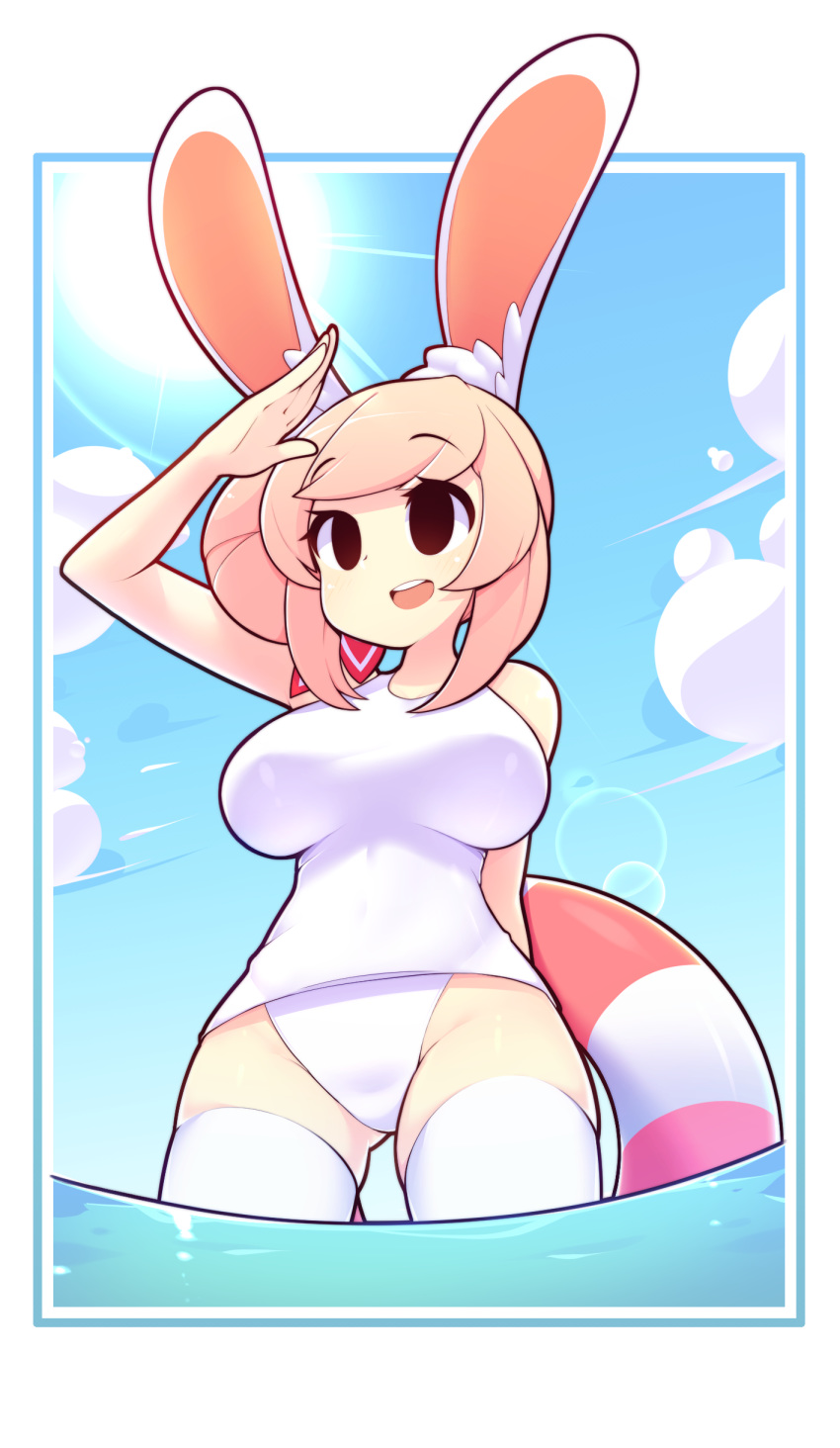 1girl, absurdres, animal_ears, arm_up, beach, black_eyes, blush, breasts