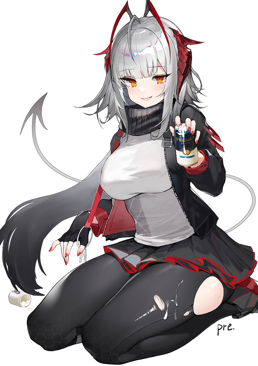 1girl, antenna_hair, arknights, black_jacket, black_legwear, black_skirt, breasts, can