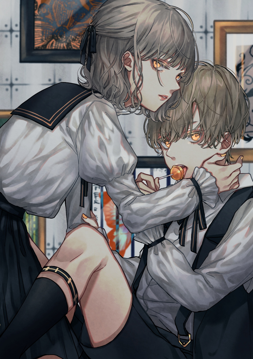 1boy, 1girl, arm_holding, bangs, black_legwear, black_ribbon, black_shorts, black_skirt, blurry, brother_and_sister, brown_hair, commentary_request, depth_of_field, frilled_sleeves, frills, garter_belt, garter_straps, hair_over_one_eye, hair_ribbon, hair_strand, half_updo, hand_on_another's_arm, highres, juliet_sleeves, knee_strap, kneehighs, knees_up, leaning_forward, licking, lipstick, long_sleeves, looking_at_viewer, looking_to_the_side, makeup, miyatsuki_azuki, nail_polish, orange_hair, orange_nails, original, picture_(object), picture_frame, puffy_sleeves, ribbon, school_uniform, serafuku, shirt, short_hair, shorts, siblings, sitting, skirt, suspenders, tongue, tongue_out, wall, white_shirt