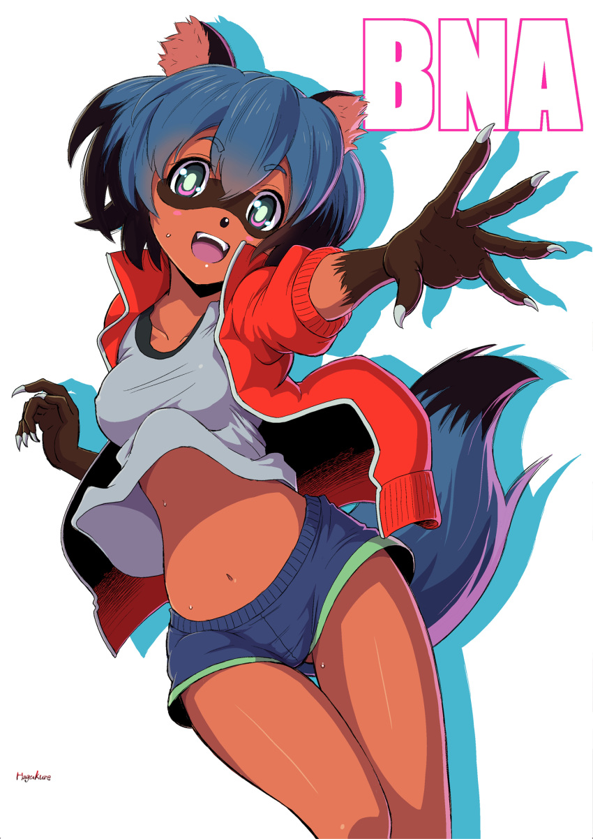 1girl, animal_ears, blue_eyes, blue_hair, blue_shorts, brand_new_animal, breasts, claws